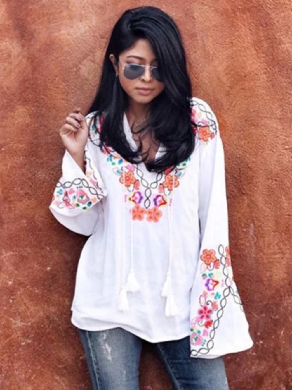 MISA Los Angeles Odel Blouse - White Embroidered V-Neck Boho Top with Tassels